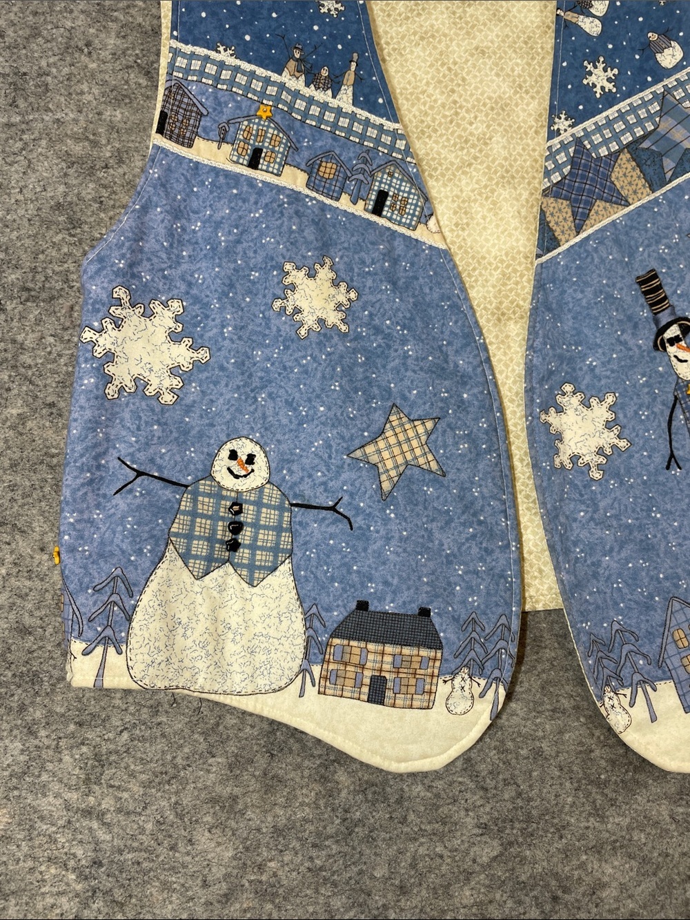 Vintage Winter Snowman Patchwork Vest Blue Cream Christmas Holiday Cottagecore - Picture 5 of 12